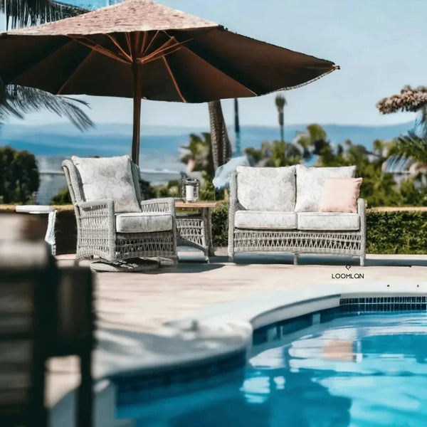 Mackinac Wicker Patio Loveseat Swivel Chair Table Set-Outdoor Lounge Sets-Lloyd Flanders-LOOMLAN
