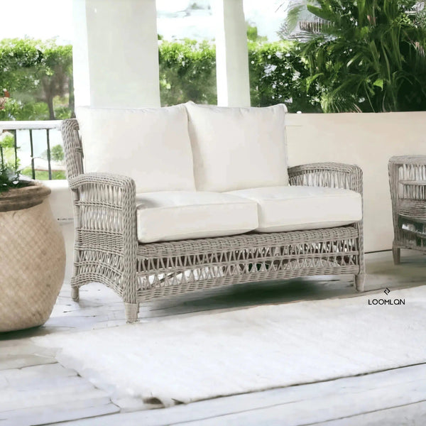 Mackinac Wicker Patio Loveseat Swivel Chair and Table Set Outdoor Lounge Sets LOOMLAN By Lloyd Flanders