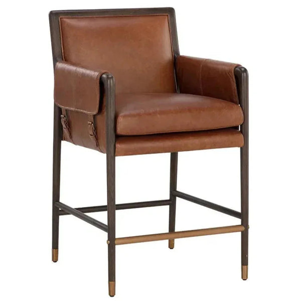 Mauti Counter Stool Brown Leather & Gold Caps - LOOMLAN - SUNPAN - Counter Stools