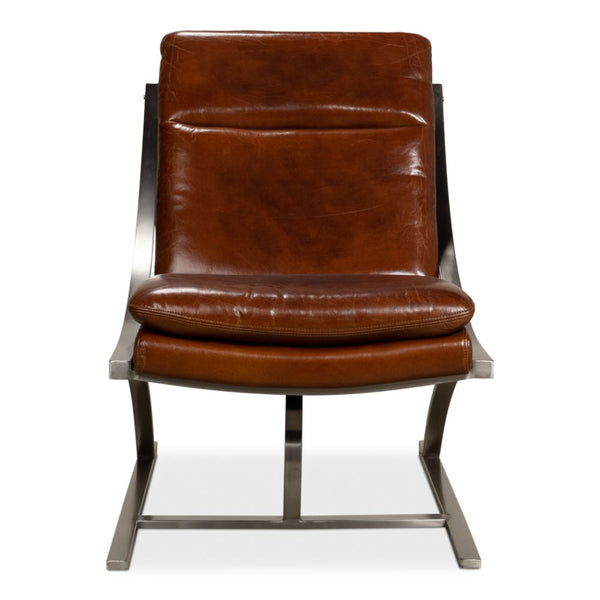 Mc Queen Slipper Chair Brown Leather-Accent Chairs-Sarreid-LOOMLAN