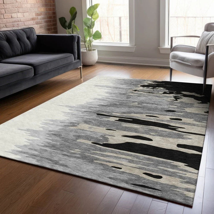 Meleya Black Washable Indoor-Outdoor Rug-Outdoor Rugs-LOOMLAN Rugs-LOOMLAN