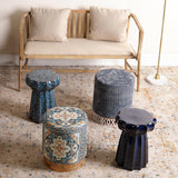 Mendocino Blue Orange Upholstered Round Ottoman Ottomans LOOMLAN By Jamie Young