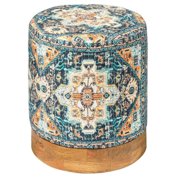 Mendocino Blue Orange Upholstered Round Ottoman Ottomans LOOMLAN By Jamie Young