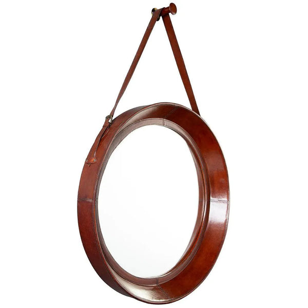 Milo Leather Round Hanging Wall Mirror-Wall Mirrors-Furniture Classics-LOOMLAN