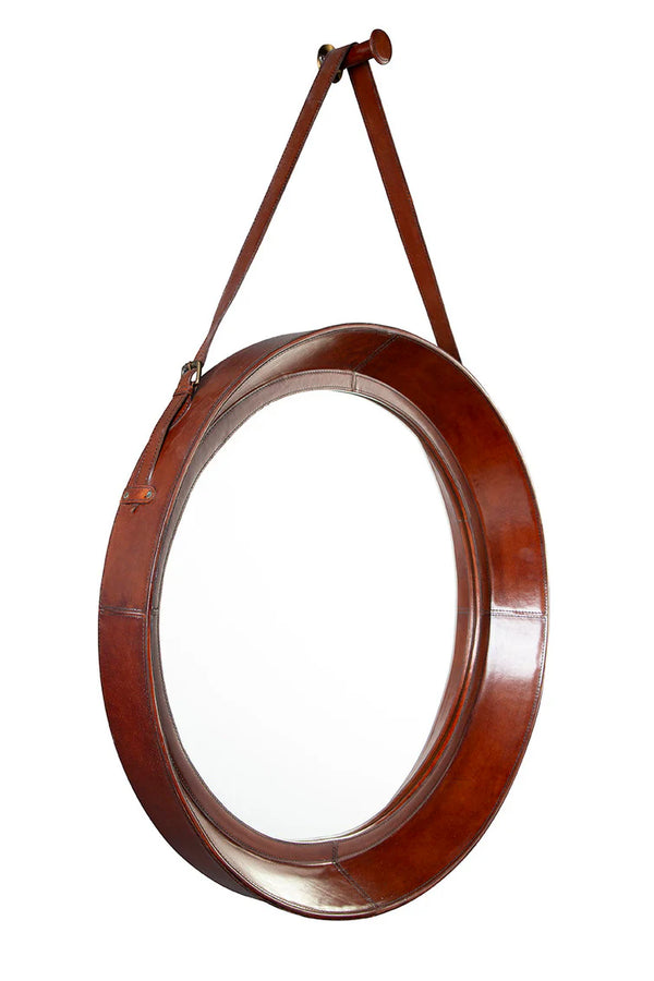 Milo Leather Wrapped Round Hanging Wall Mirror