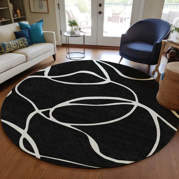Mirelle Black Washable Indoor-Outdoor Rug-Outdoor Rugs-LOOMLAN Rugs-LOOMLAN