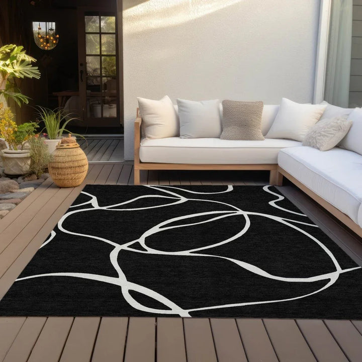 Mirelle Black Washable Indoor-Outdoor Rug-Outdoor Rugs-LOOMLAN Rugs-LOOMLAN