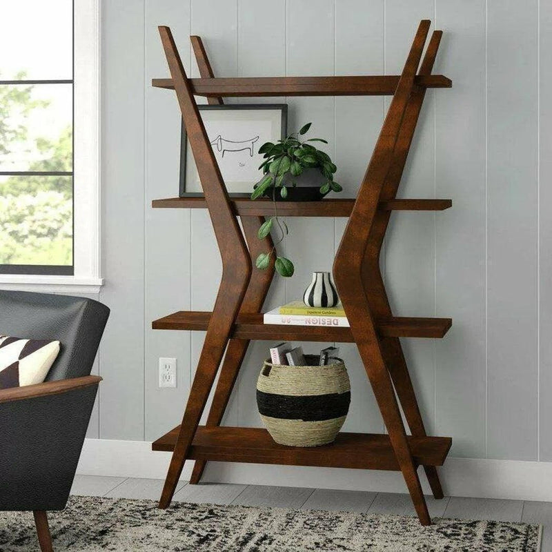 Bassett Mirror-Modern X Shaped Wooden 4 Shelve Etagere-Etageres-Brown-LOOMLAN