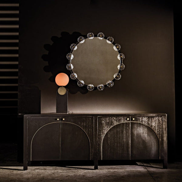 Moira Mirror with Glass Details, Black Metal Round Wall Mirror-Wall Mirrors-Noir-LOOMLAN