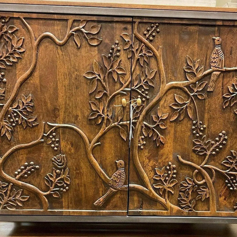 Mother Nature 59x36" Tall Cabinet Hand Carved Birds Front Doors Sideboards LOOMLAN By LOOMLAN