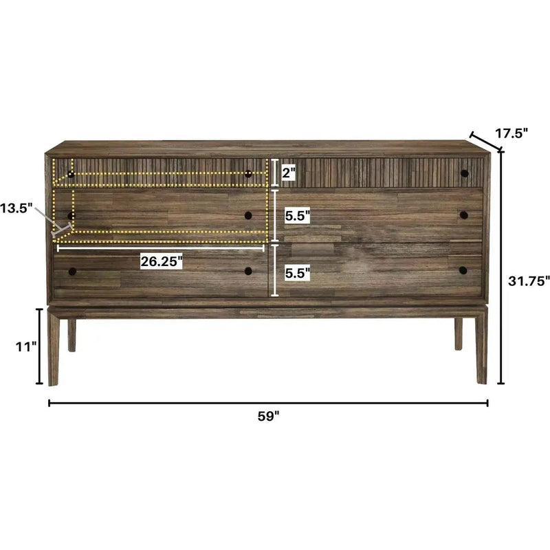 Natural Brown Solid Wood West 6 Drawer Dresser