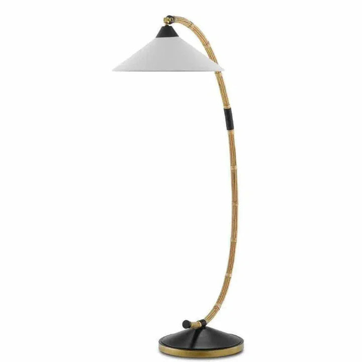 Natural Rattan New Brass Satin Black Lisbon Floor Lamp-Floor Lamps-Currey & Co-LOOMLAN