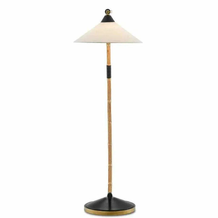 Natural Rattan New Brass Satin Black Lisbon Floor Lamp-Floor Lamps-Currey & Co-LOOMLAN