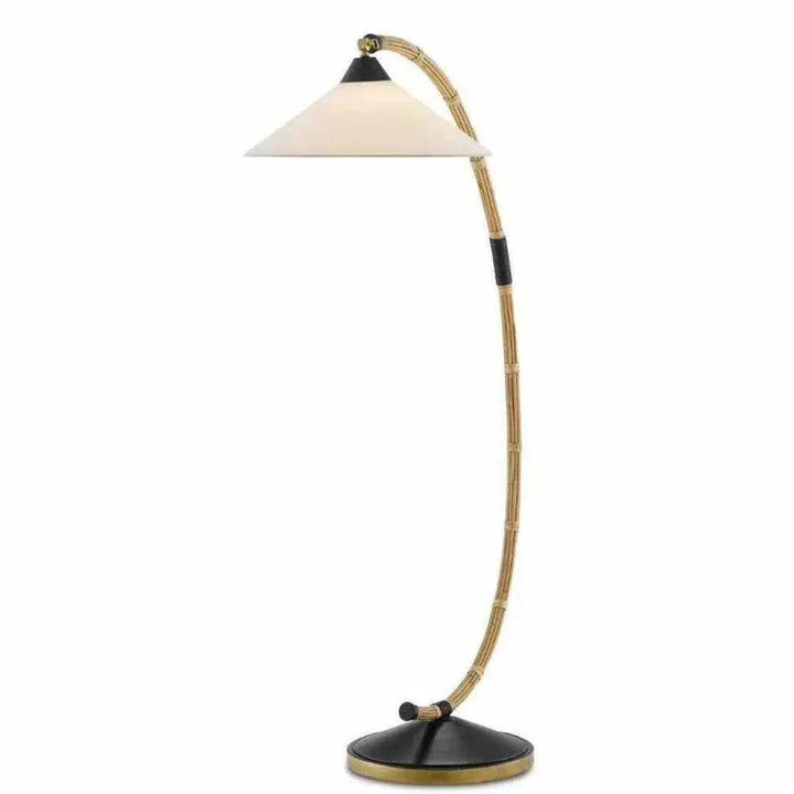 Natural Rattan New Brass Satin Black Lisbon Floor Lamp-Floor Lamps-Currey & Co-LOOMLAN