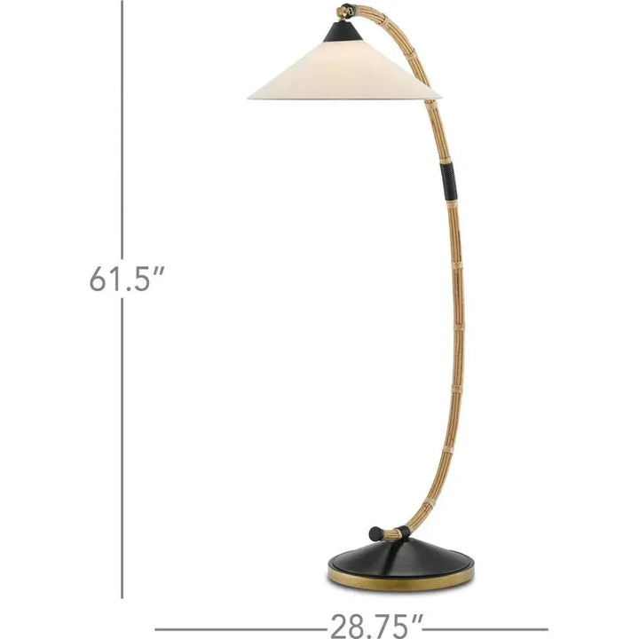 Natural Rattan New Brass Satin Black Lisbon Floor Lamp-Floor Lamps-Currey & Co-LOOMLAN
