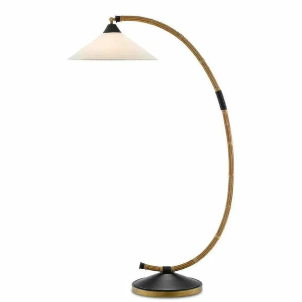 Natural Rattan New Brass Satin Black Lisbon Floor Lamp-Floor Lamps-Currey & Co-LOOMLAN