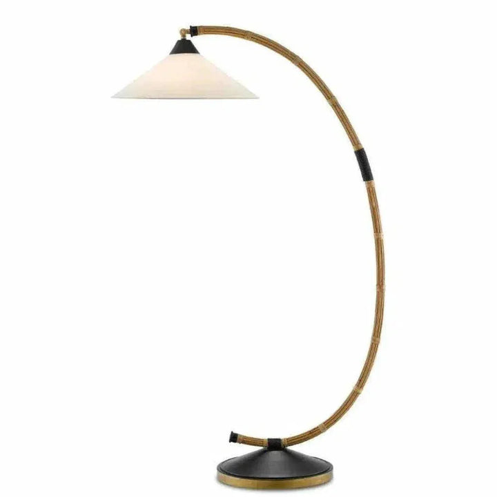 Natural Rattan New Brass Satin Black Lisbon Floor Lamp-Floor Lamps-Currey & Co-LOOMLAN