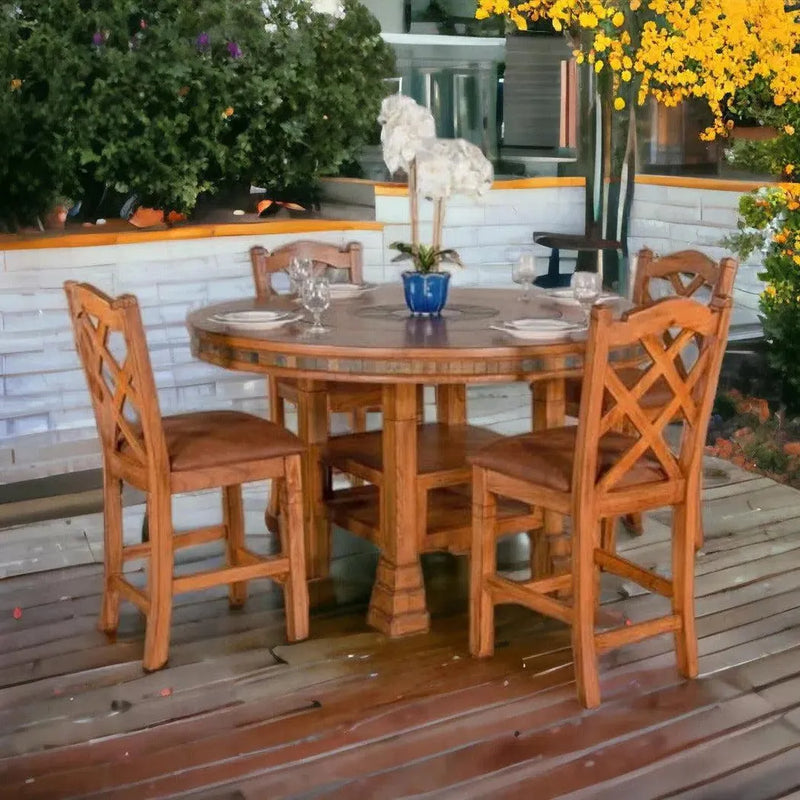 Natural Round Dining Table Set 4 Counter Stools