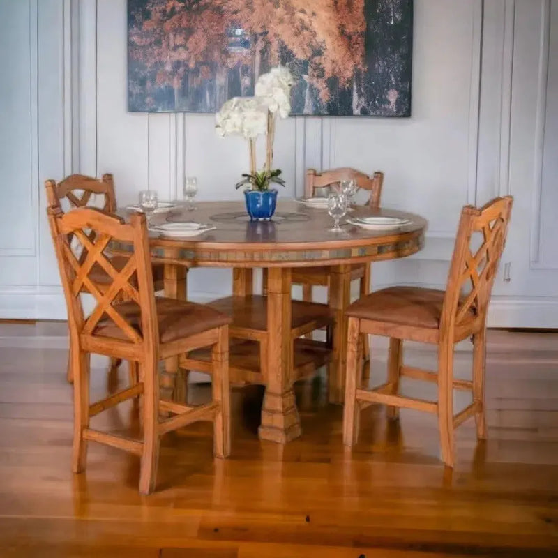 Natural Round Dining Table Set 4 Counter Stools