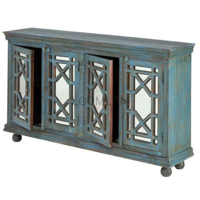 Navy Blue 4 Door Mirrored Trellis Credenza