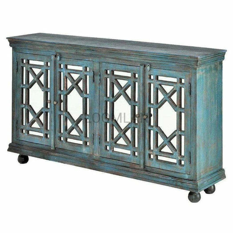 Navy Blue 4 Door Mirrored Trellis Credenza