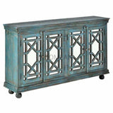 Navy Blue 4 Door Mirrored Trellis Credenza