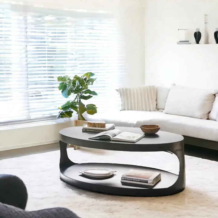 Noir Eclipse Oval Coffee Table Storage Industrial Steel - LOOMLAN - Noir - Coffee Tables