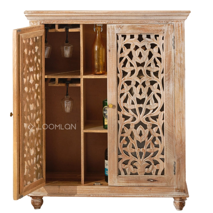 Norella Coastal Tall Bar Cabinet Carved Wood Doors-Home Bar Cabinets-LOOMLAN-LOOMLAN