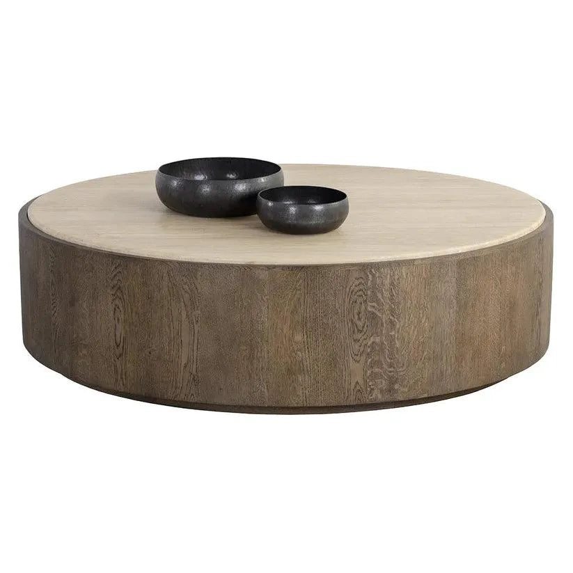 Oberon Wooden Travertine Round Coffee Table