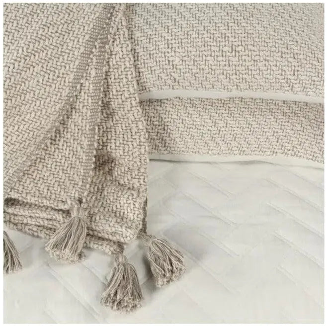 Ocra Beige Cotton Throw Blanket Set For Bed Shams