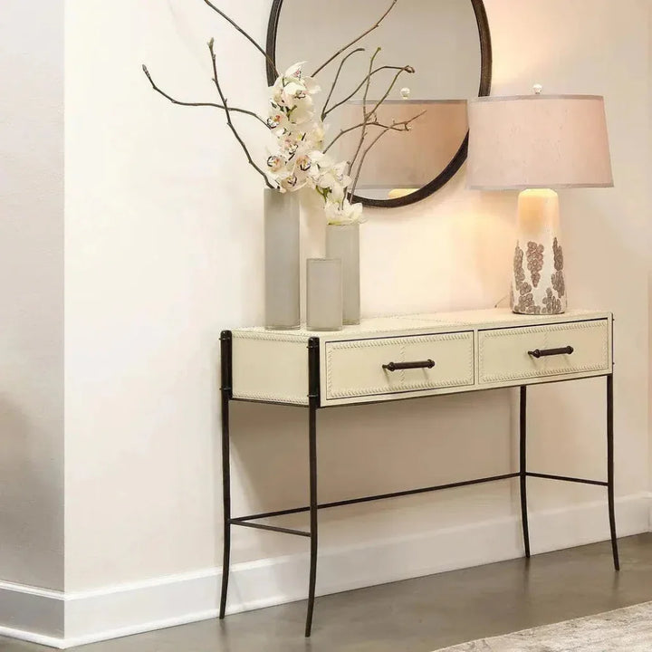 Off White Full Grain Leather Console Table Nevado - LOOMLAN - Jamie Young - Console Tables