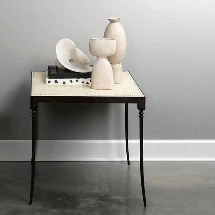Off White Full Grain Leather Side Table Nevado - LOOMLAN - Jamie Young - Side Tables