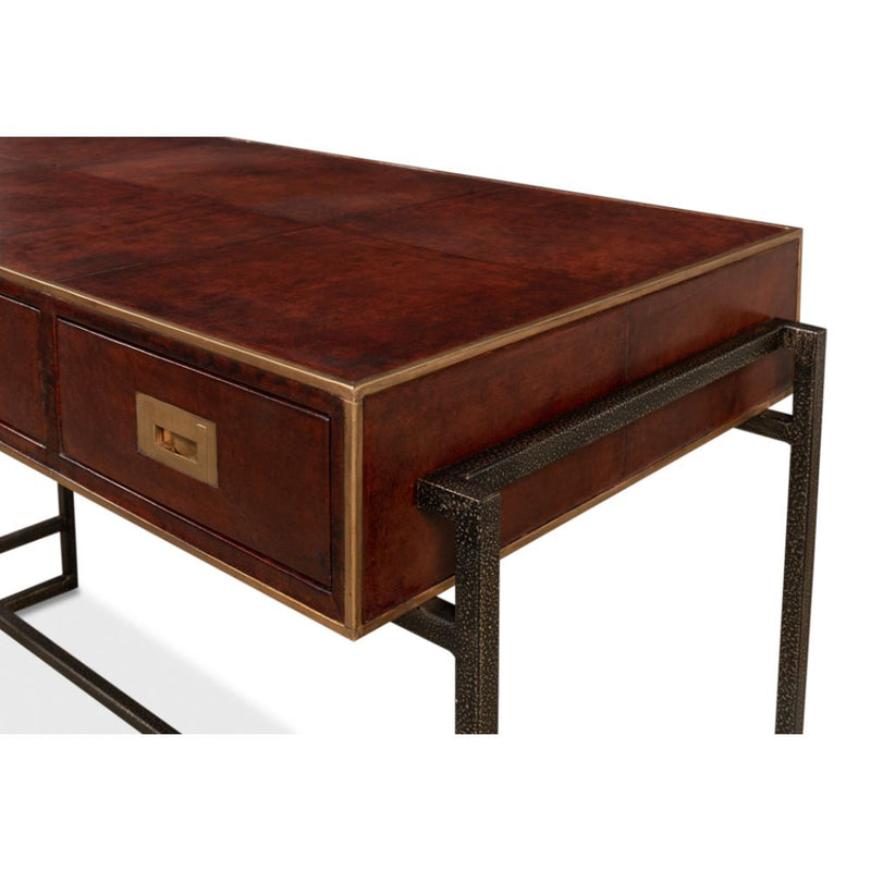 Old Brown Leather Desk-Home Office Desks-Sarreid-LOOMLAN