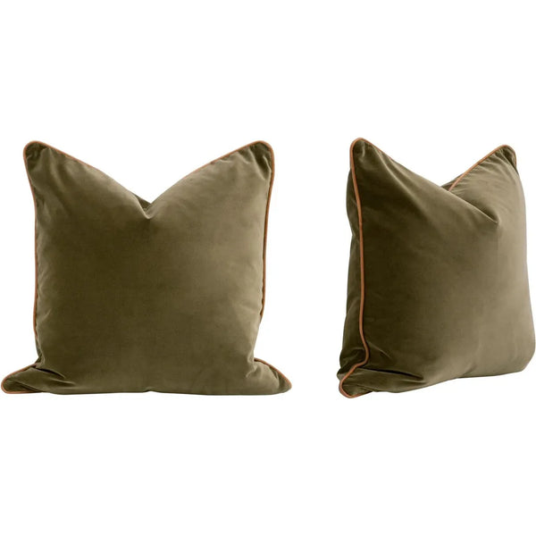 Olive Velvet Throw Pillow Set Leather Piping Accent-Throw Pillows-Essentials For Living-LOOMLAN