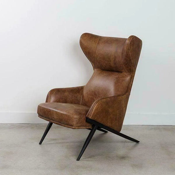 Open Road Brown Leather Curved Wingback Lounge Chair Club Chairs LOOMLAN By Moe's Home