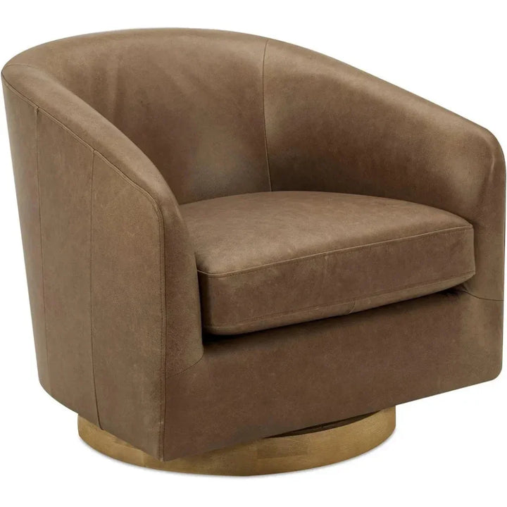 Oscy Grain Leather & Solid Wood Brown Swivel Arm Chair - LOOMLAN