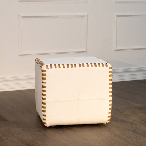Ottoman Pouf Cube Stitched, White Leather-Poufs and Stools-Peninsula Home-LOOMLAN