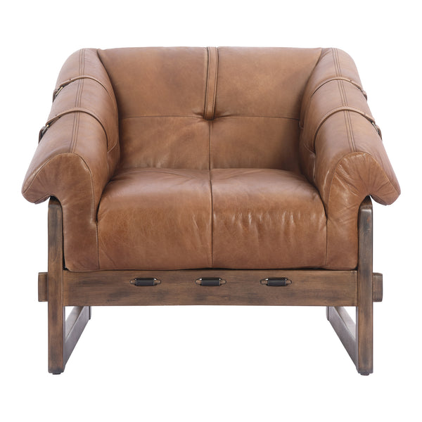 Bellos Top Grain Leather and Solid Rubberwood Brown Armless Accent Chair