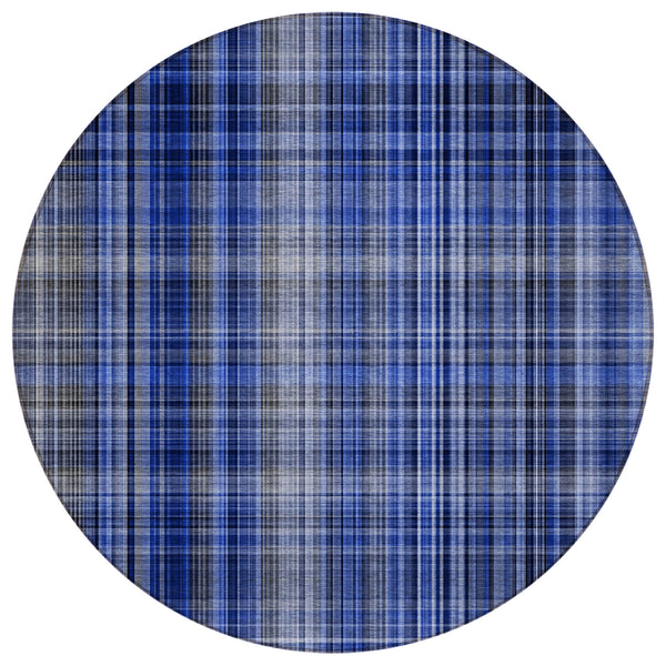 Plaid Blue Washable Indoor-Outdoor Rug