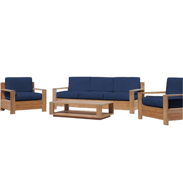 Qube 4-Piece Teak Outdoor Patio Deep Seating Set with Sunbrella Cushions-Outdoor Lounge Sets-HiTeak-Navy-LOOMLAN