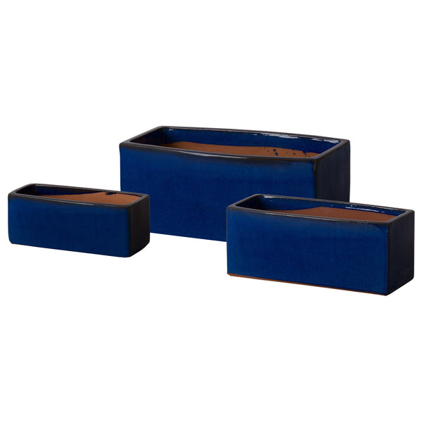 Rectangular Window Box Ceramic Planter-Outdoor Planters-Emissary-Set of 3-Blue-LOOMLAN