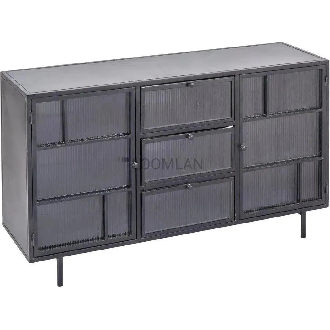 Retro 3 Drawer Windowpane Glass Doors Metal Buffet