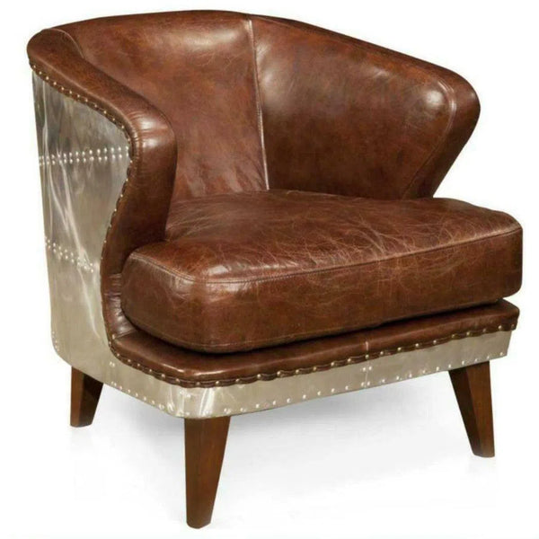 Retro Brown Leather Barrel Accent Chair Solid Wood Frame Club Chairs LOOMLAN By Moe's Home