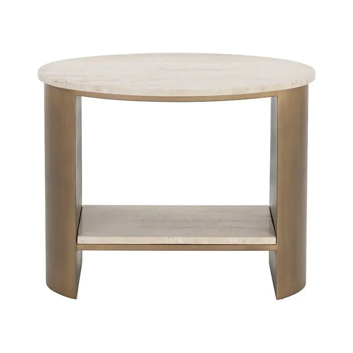 Roshni Side Table Travertine Top & Gold Base - LOOMLAN - SUNPAN - Side Tables