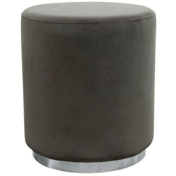 Round Accent Ottoman Grey Velvet Silver Metal Band Accent Ottomans LOOMLAN By Diamond Sofa