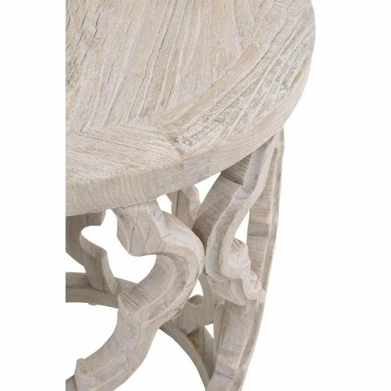 Round Carved Wood Clover End Table Smoke Gray Elm