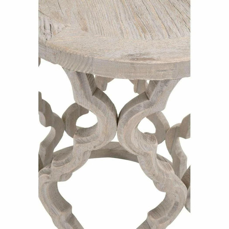 Round Carved Wood Clover End Table Smoke Gray Elm