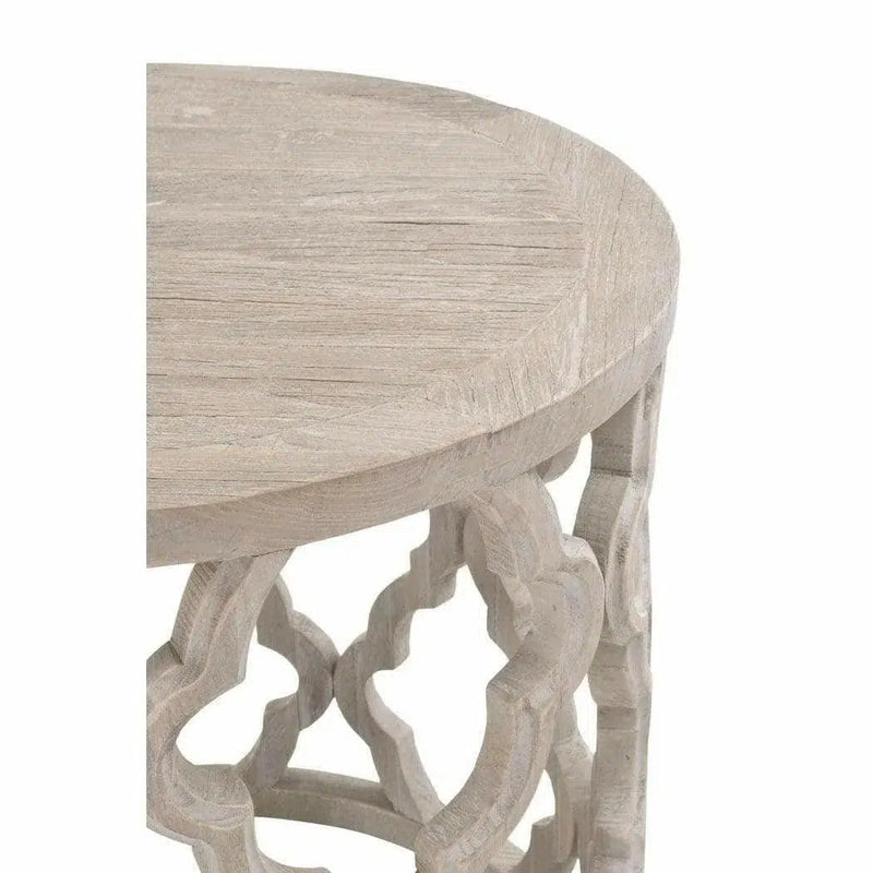 Round Carved Wood Clover End Table Smoke Gray Elm