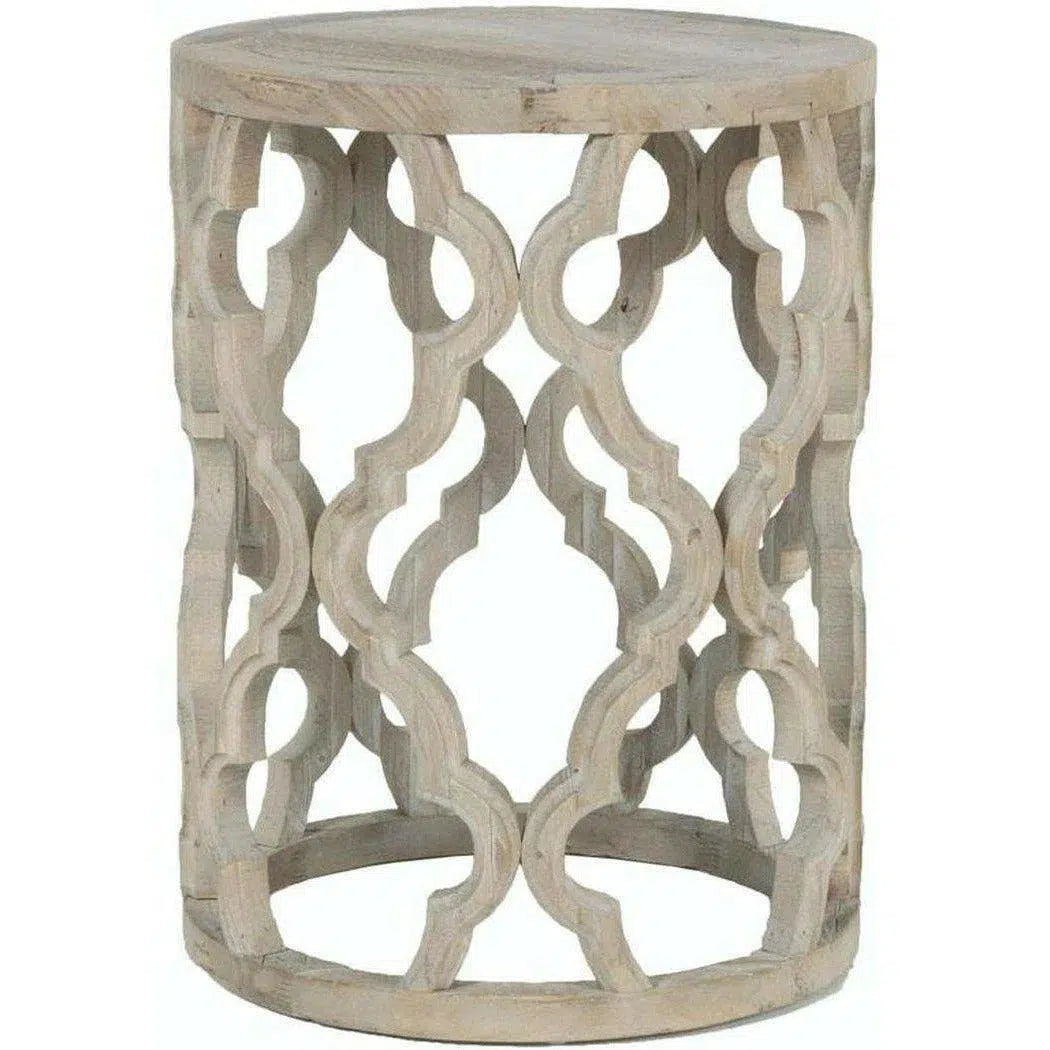 Round Carved Wood Clover End Table Smoke Gray Elm