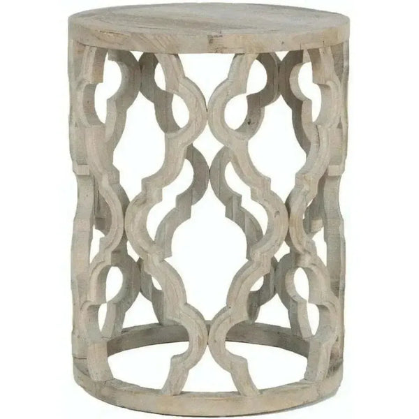 Round Carved Wood Clover End Table Smoke Gray Elm - LOOMLAN - Essentials For Living - Side Tables